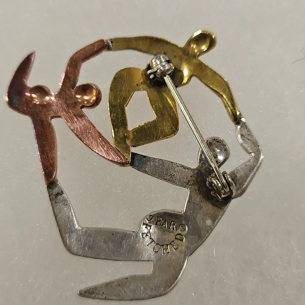 FAR FETCHED MARKED‎ MIXED METALS COPPER, BRASS, STERLING Circle Dance Brooch Pin